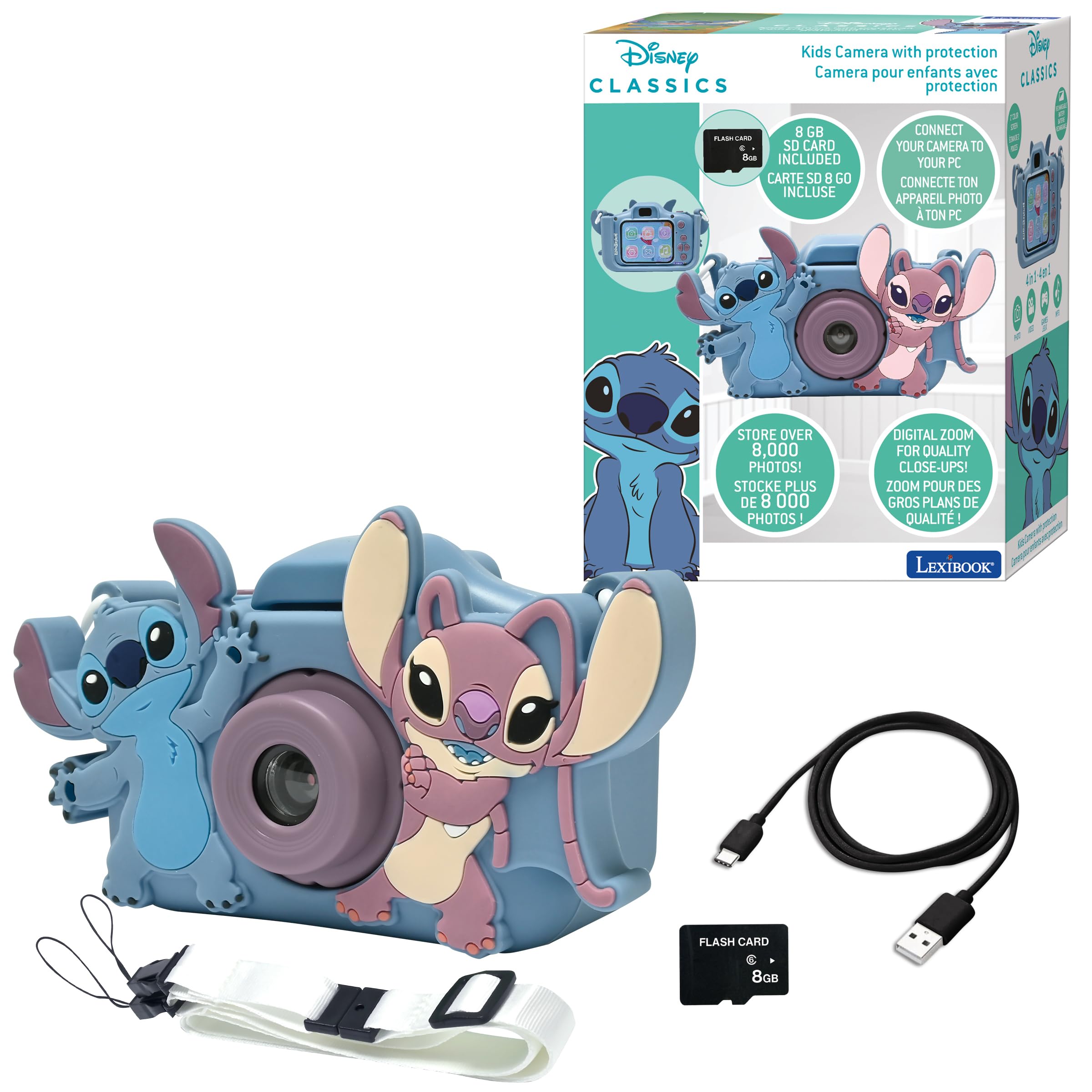 Lexibook DJ078D, Angel, Disney Stitch, 4-in-1 camera for children with protection, video, MP3 and game functions, 15 frames to personalise your photos, 8 GB memory card included