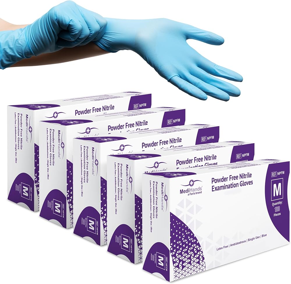 Farla Medical MediHands Nitrile Gloves Medium Blue Heavy Duty Powder Free Latex