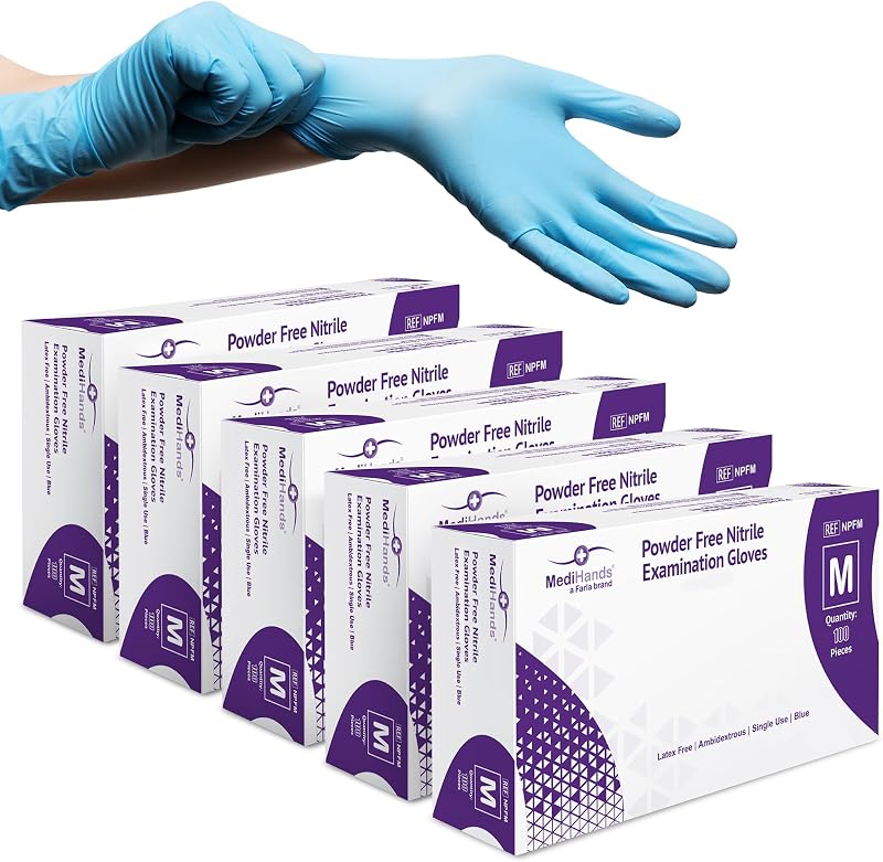 Farla Medical MediHands Nitrile Gloves Medium Blue Heavy Duty Powder Free Latex