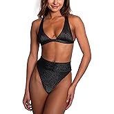 Layakanup Women's High Waisted Tummy Control Bikini Set V Neck Adjustable Straps Bikini Top 2 Piece Bathing Suit