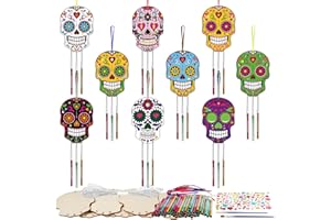 Fennoral 9 Pack Skull Wind Chime Kit for Kids Make You Own Day of The Dead Wind Chime Hanging Ornaments DIY Coloring Wooden Halloween Crafts for Boys Girls Halloween Party Decoration