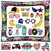 21Pcs Back to The 80s Inflatable Selfie Photo Frame & Props Set 1980s Retro Party Picture Frame I Love 80s Party Selfie Props for 1980s Throwback Birthday Back to 90S 80S Neon Party Supplies