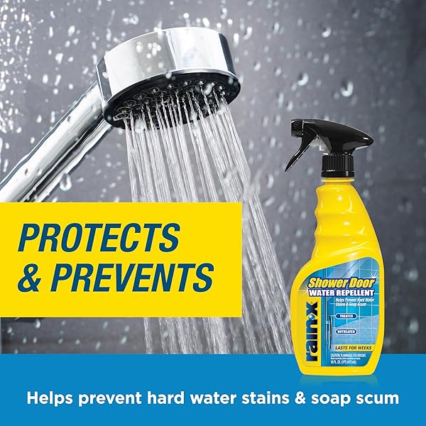 RAIN-X 630023 GLASS SHOWER CLEANER WATER REPELLENT – BATHROOM CLEANER AND WINDOW CLEANER, BATHROOM CLEANING SUPPLIES – PROTECTS GLASS SHOWER AND DOORS FROM SOAP RESIDUE AND HARD WATER, 16 FL. OZ.