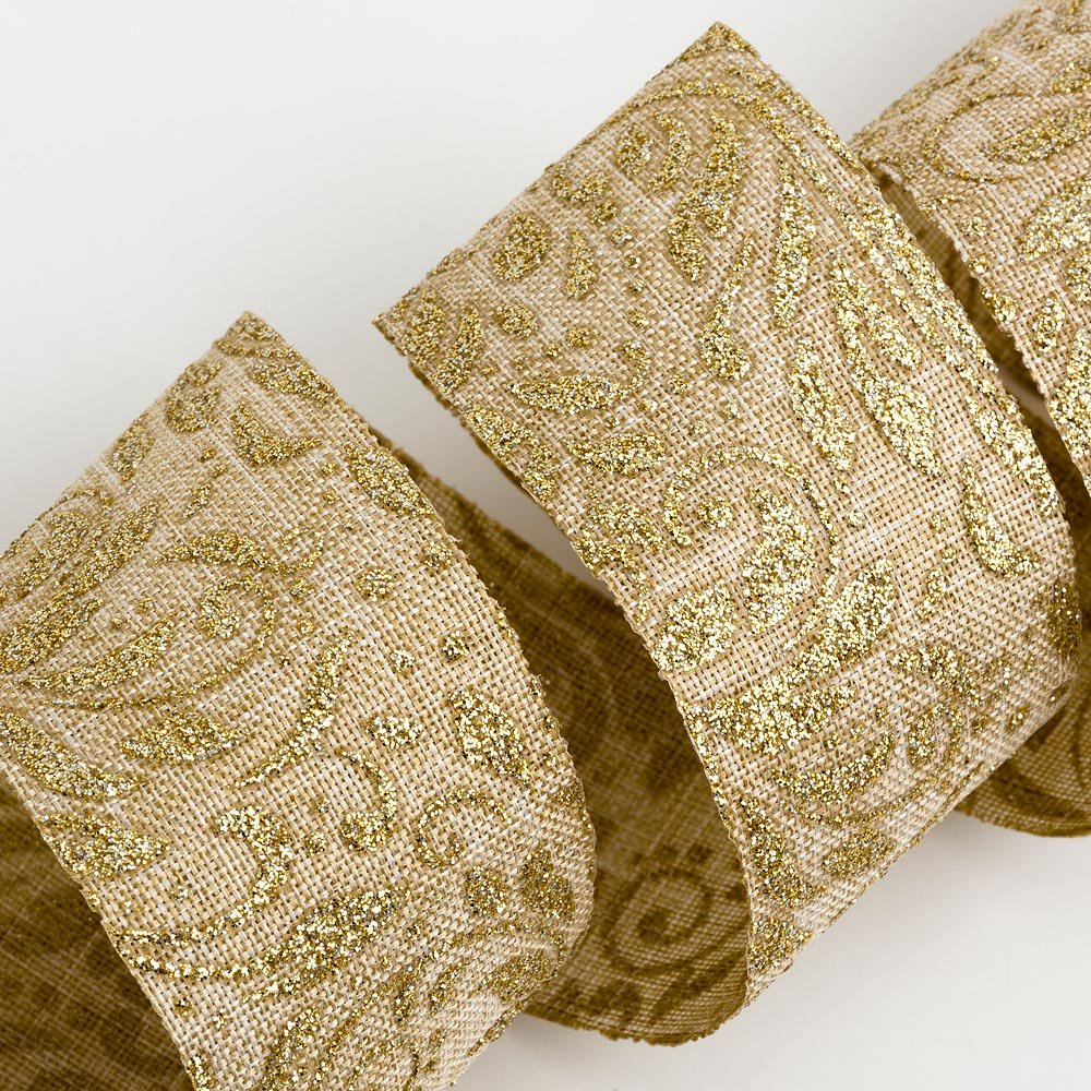 Italian Options Gold Lurex Leaf Scroll Natural Hessian Ribbon, Jute Christmas Ribbon for Crafts, Gift Wrapping Accessories, Wreath Making Supplies, Tree Decorations, Natural, Gold 38mm x 10 Metre Roll