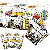 3 Pieces Super Theme Hero Tablecloths Hero Themed Birthday Party Supplies Heroes Action Sign Plastic Table Cover Fun Super Tablecover for Happy Birthday Baby Shower Party Decorations