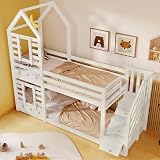 Jtyca Kids Bunk Bed with Storage, Solid Pine, Twin Sleeper, White view 4