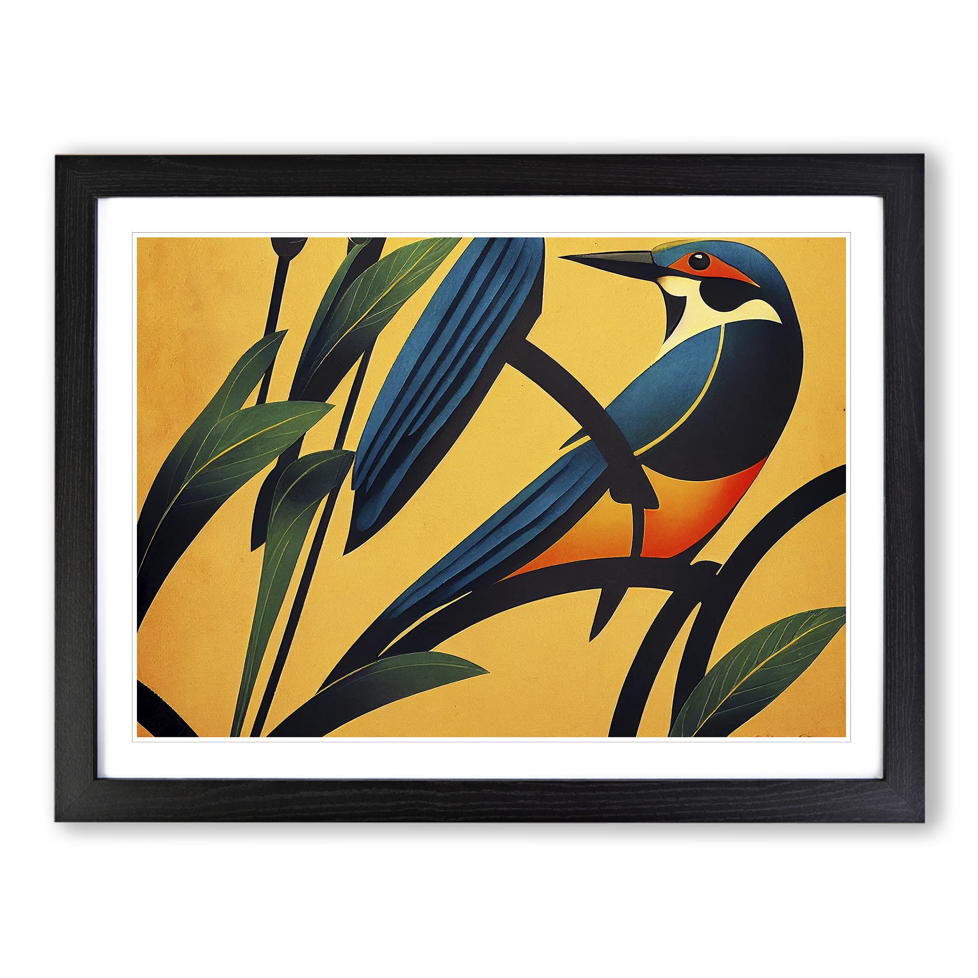 Art Deco Kingfisher Framed Print | A4 Black Framed Wall Art | Ready to Hang | Art Deco Nature Picture | Living Room Bedroom Lounge Office
