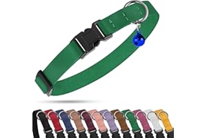 BUDKAS Breakaway Cat Collar with Bell - Leather Adjustable Kitten Collars with Safety Quick Release Buckle - Soft Small Pet Collars for Girl & Boy Cats (Green)