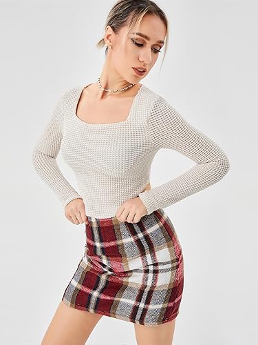 Scacto Women's Casual High Waist Plaid Skirt Bodycon Pencil Wool