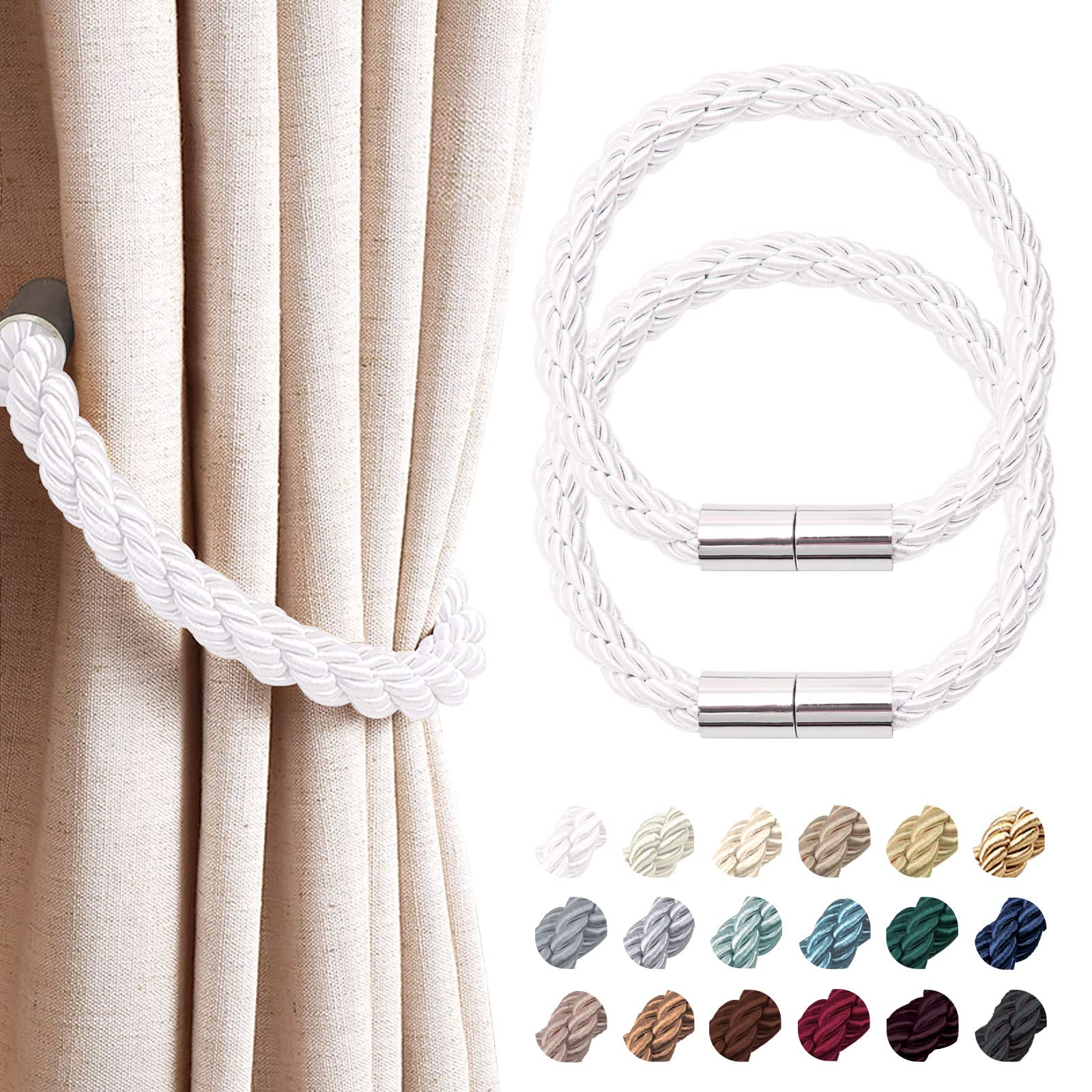 Pretty Jolly 2 Pack Strong Magnetic Curtain Tiebacks Modern Simple Style Drape Tie Backs Convenient Decorative Weave Rope Curtain Holdback for Thin or Thick Home & Office Window Drapery (Silver White)