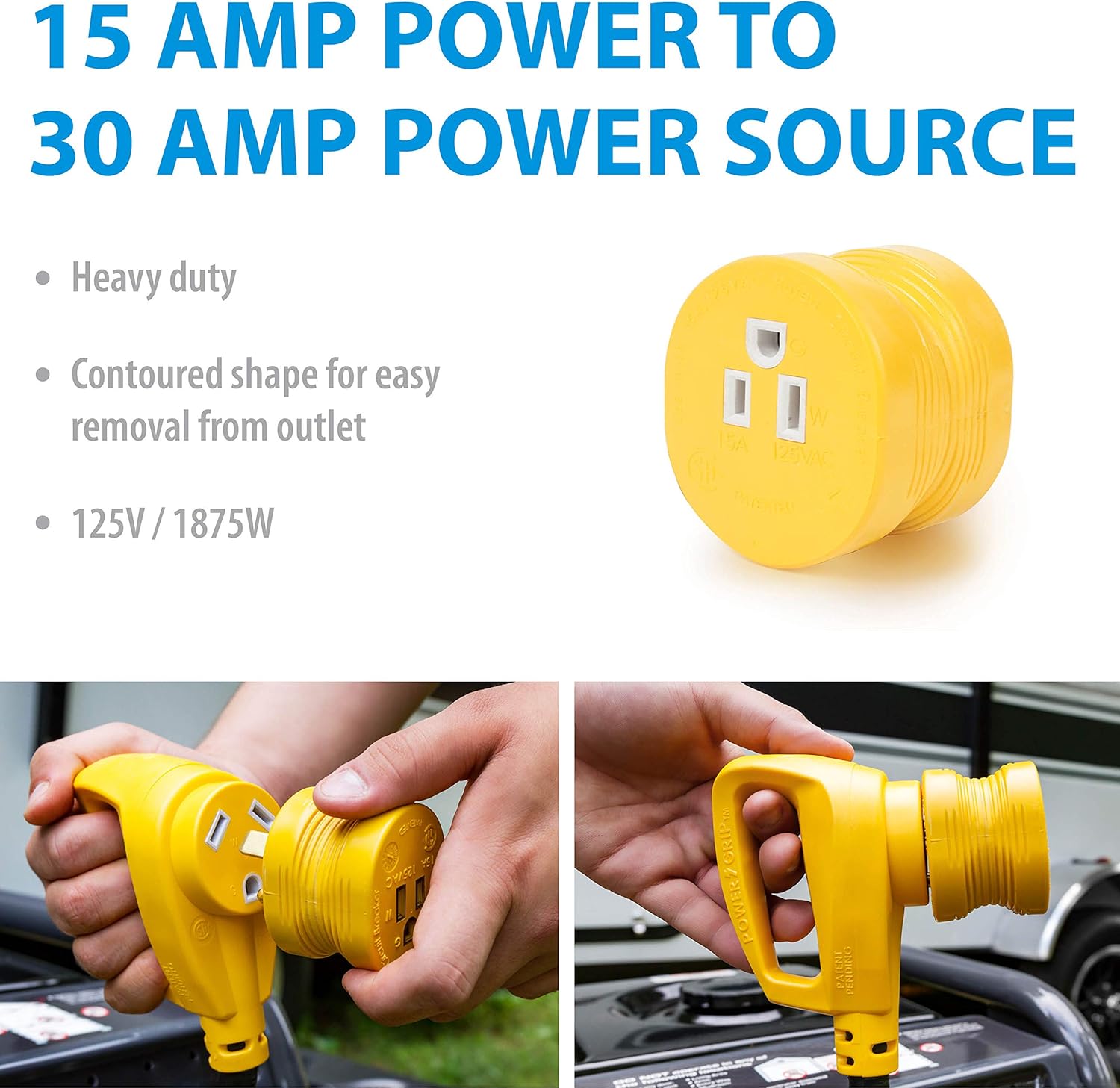 Camco PowerGrip Durable Electrical Adapter - Easy Grip for Simple and Safe Use, 30 AMP Male 15 AMP Female (55233), Yellow|Yellow: Automotive
