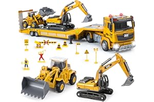 YongnKids Kids Construction Toys with Tractor & Excavator Toy, 3 in 1 Die-cast Semi Truck Toy with Light & Sound - Engineering Transport Truck Vehicles Model Car for Boys Age 3 4 5 6