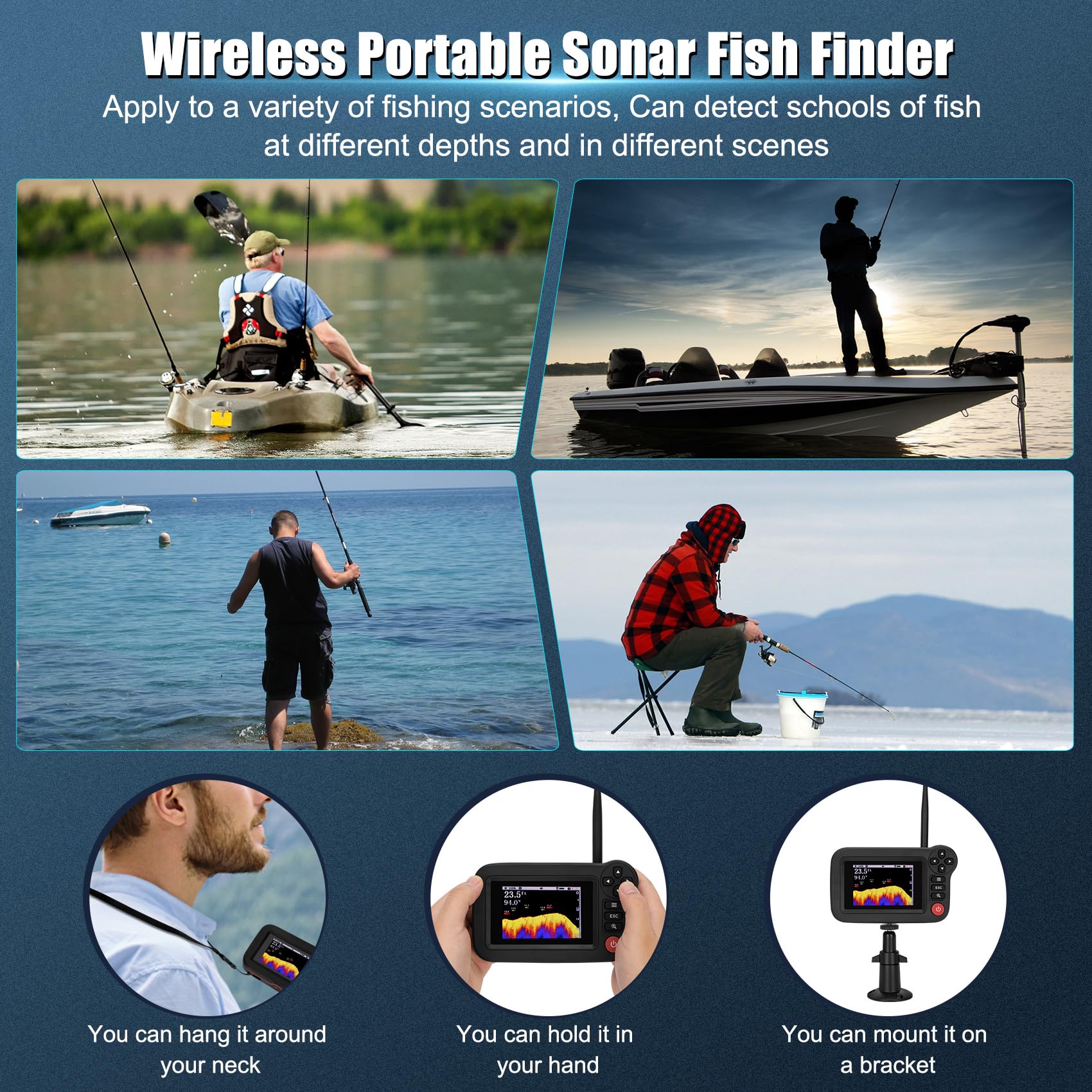 Portable Rechargeable Fish Finder, Wireless Sonar FishFinder, Castable Kayak Depth Finder with 105° Beam Angle and TFT LCD Display, 2.6-164 FT of Depth Locator,for Shore, Sea ＆ Ice Fishing