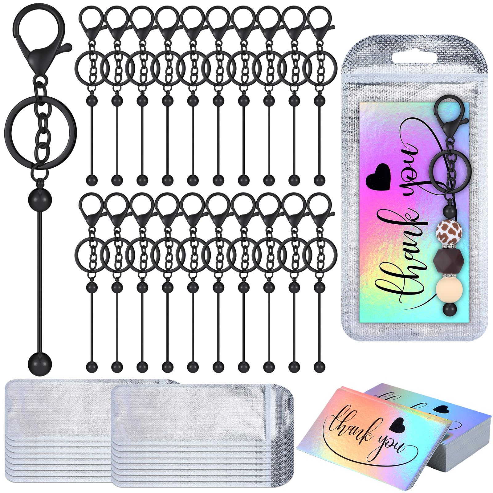 Photo 1 of Sasylvia 60 Pcs Beadable Keychain Bars Bulk Making Kit 20 Beaded Keychain 20 Bag 20 Thank You Cards for DIY Keyrings Charms(Black)