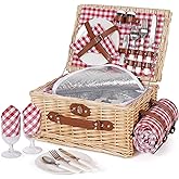 HappyPicnic Picnic Basket Set for 2 - Wicker Picnic Basket with Waterproof Blanket & Insulated Liner, Large Handmade Willow Hamper with Cutlery Kit for Outdoor, Picnic, Camping, Party, Holidays (Red)