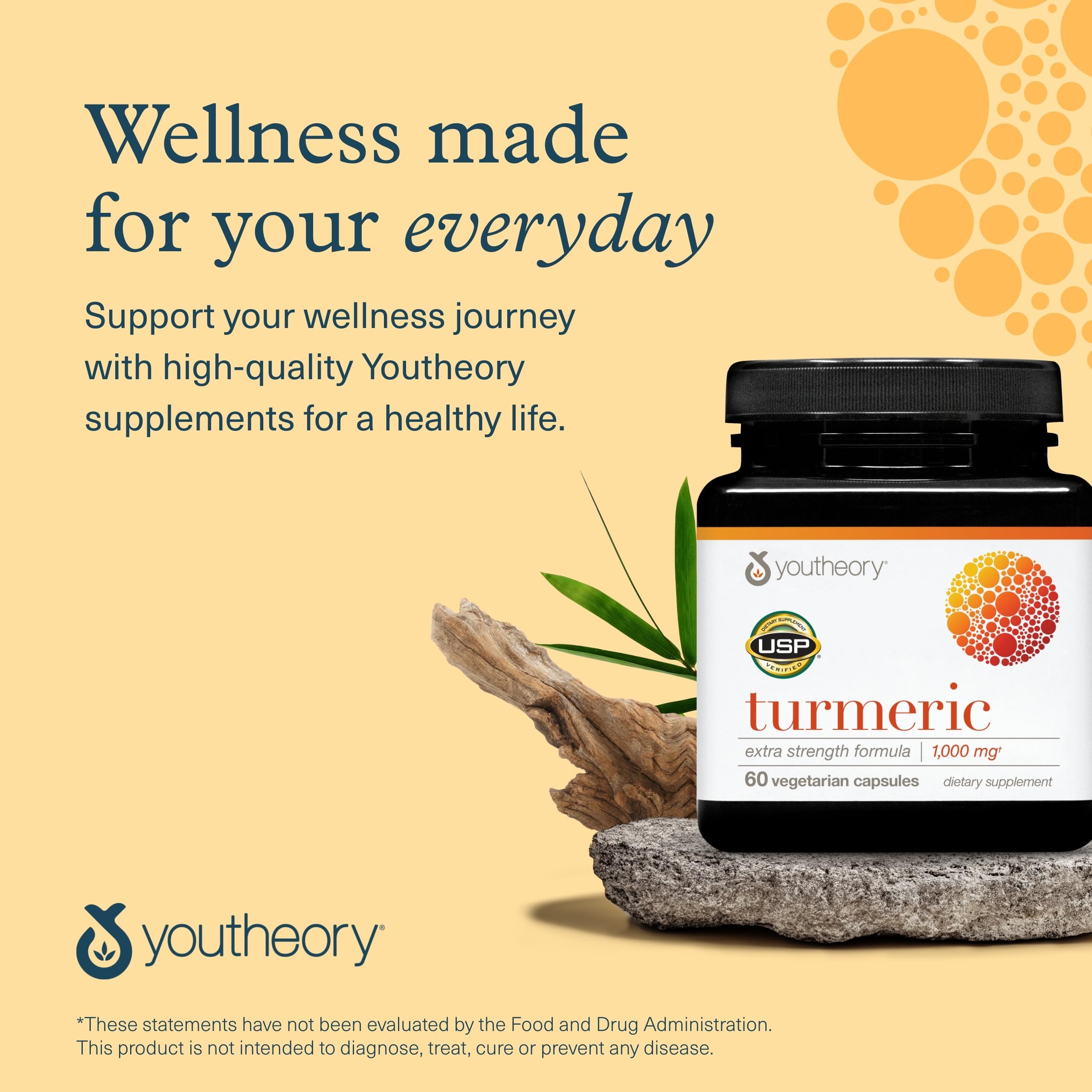 Youtheory Turmeric Extra Strength - 1,000 mg Turmeric Supplement - with 10 mg Black Pepper - Curcumin Joint Support* - Soy, Dairy & Gluten Free - 60 Vegetarian Capsules