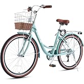 VIRIBUS Womens Bike, Lightweight Aluminum Beach Cruiser Bike for Women 7 Speed 24/26inch with Front Basket &amp; Rack, Step-Through City Commuter Bicycle for Ladies Seniors
