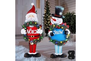 Stentec Lighted Christmas Decorations Outdoor, 2 Pack 30" Height Santa & Snowman Xmas Yard Signs Metal Garden Stakes with LED Lights, Battery Powered for Holiday New Year Winter Walkway Patio Lawn