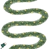 Biswing 50FT Pre-lit Christmas Green Garland, Lighted Artificial Pine Garlands with 100 Count Clear Incandescent Mini Lights, Light Up for Indoor Outdoor Gate Home Winter Holiday New Year Decorations