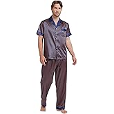 TONY AND CANDICE Men's Silk Satin Pajama Set Short Sleeve Loungewear Button Down Sleepwear with Long Pants