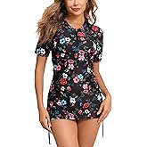Halcurt Women's Short Sleeve Rash Guard Swim Shirt with Bra Half Zip Tie Drawstring UPF50+ Swimsuit Top
