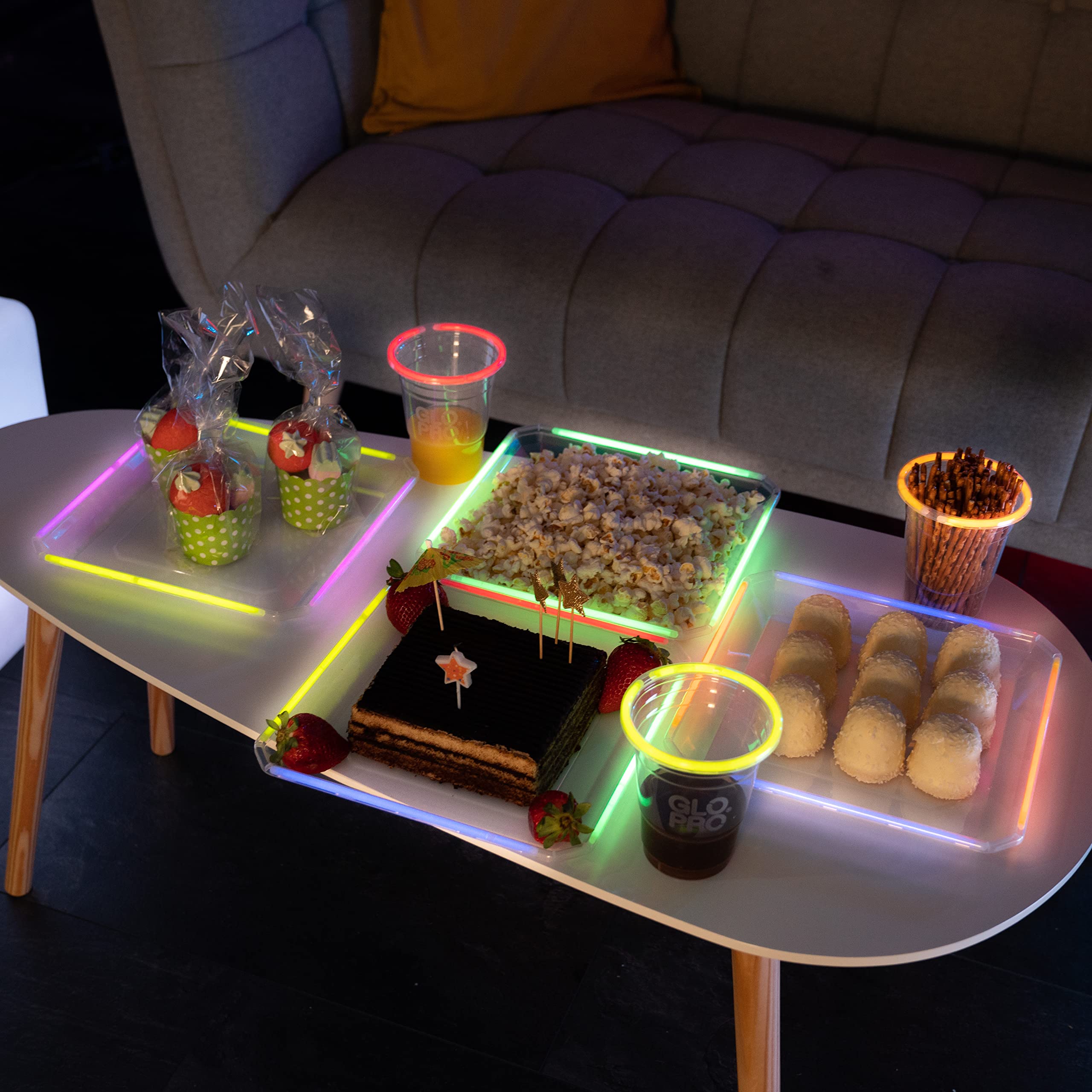 NEON GLOW PARTY PLATES REUSABLE 10-Inch Square Blacklight Party Glow party Glow Party Decorations Favors Glow Sticks Light Up Plates Tableware