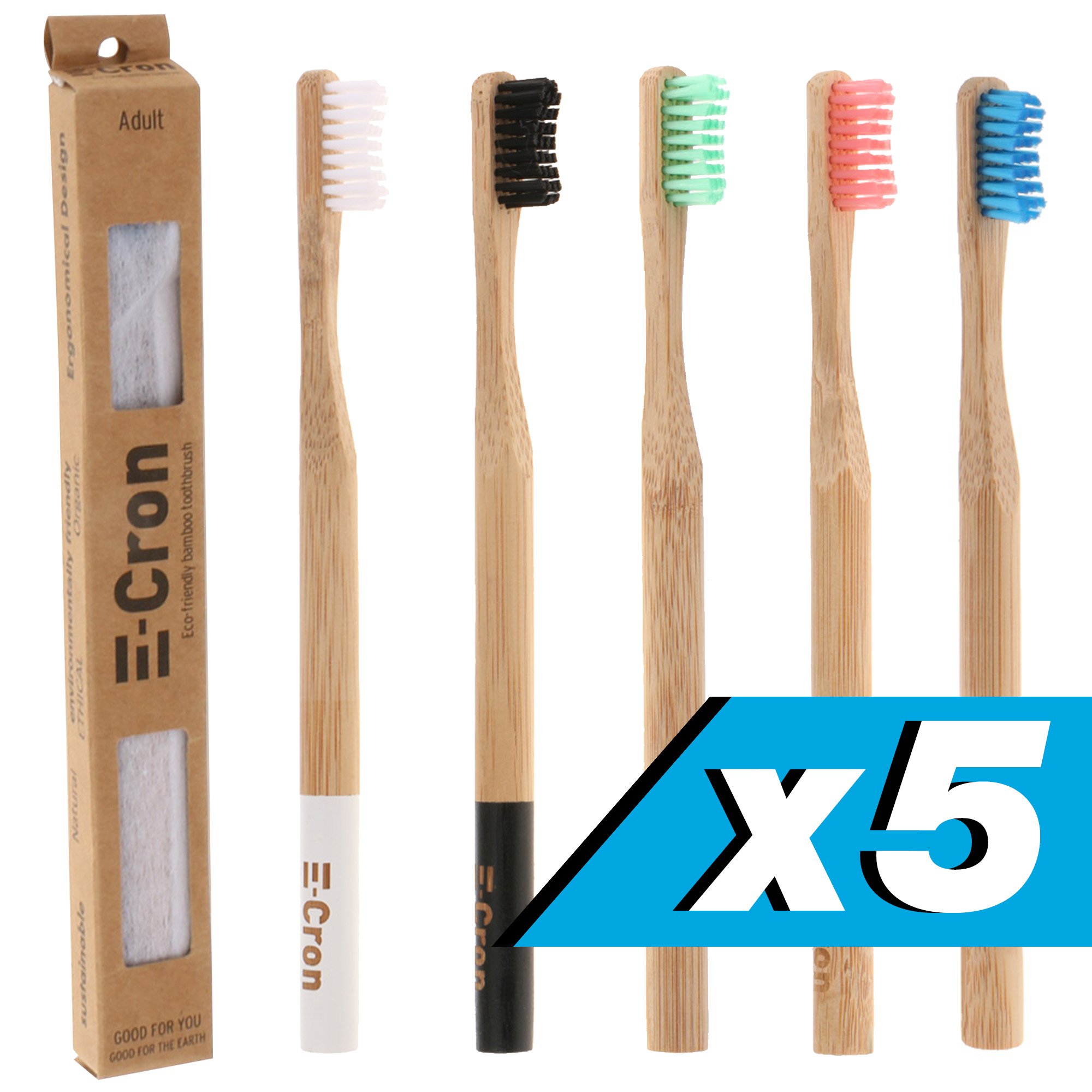 5 x E-Cron Bamboo Toothbrush (Mixed Colors) with Eco-friendly, 100% organic and biodegradable toothbrush handle. Your Natural Dental Care with The clean and warm touch of The bamboo.