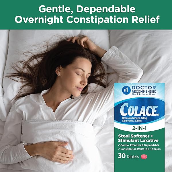 COLACE 2-IN-1 STOOL SOFTENER & STIMULANT LAXATIVE TABLETS, GENTLE CONSTIPATION RELIEF IN 6-12 HOURS, 30 COUNT