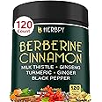 Herbpy Berberine and Ceylon Cinnamon for Weight Management & Digestion, Heart Health & Immune - 7in1 with Premium Ginseng, Turmeric Curcumin, Ginger & Black Pepper - 120 Vegan Capsules