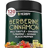 Herbpy 7in1 Premium Berberine and Ceylon Cinnamon for Weight Management, Digestion, Heart Health & Immune Support - with Ginseng, Turmeric, Ginger, Milk Thistle & Black Pepper - 120 Vegan Capsules