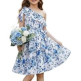 GRACE KARIN Girls Summer Spring Dress Kids One Shoulder Floral Dresses Teen Cute Party Flower 2 Layer Hawaiian Clothes 6-14