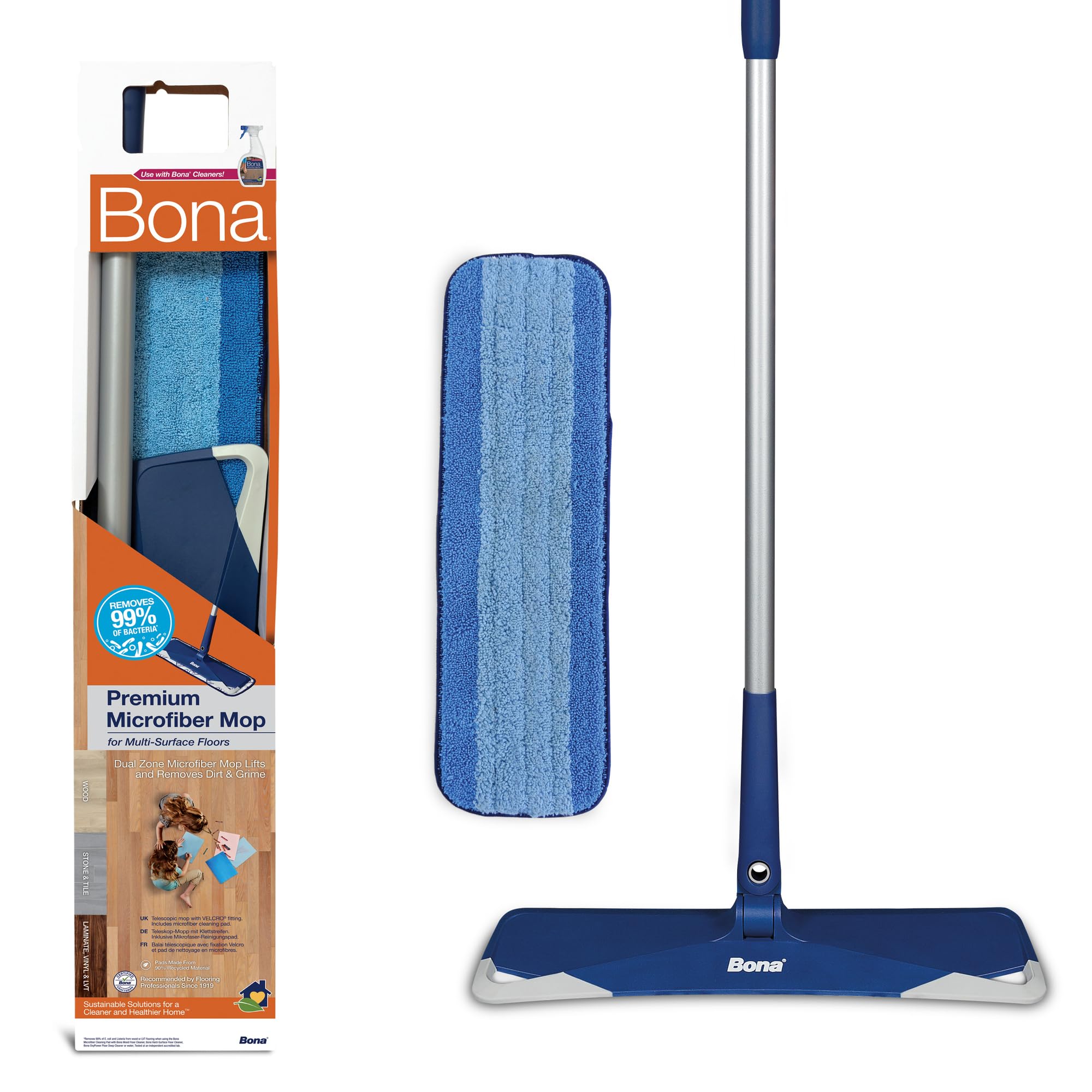 Bona Premium Microfibre Floor Mop Kit, for Cleaning Hard Floors, Incl. 1x Floor Mop, 1x Microfibre Cleaning Mop Pad