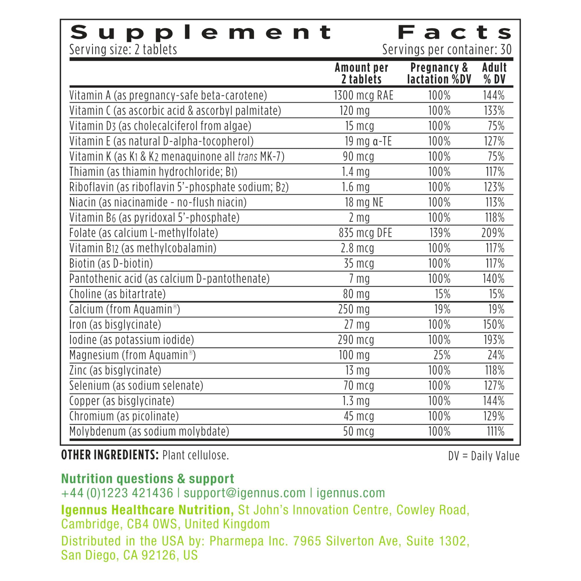 Igennus Methylated Prenatal Multivitamin for Women, Folate for MTHFR, High Absorption, Pure & Clean, Gentle Iron, Choline, Calcium & Magnesium, Vegan Pregnancy Vitamins, Halal, Non-GMO, 60 Tablets