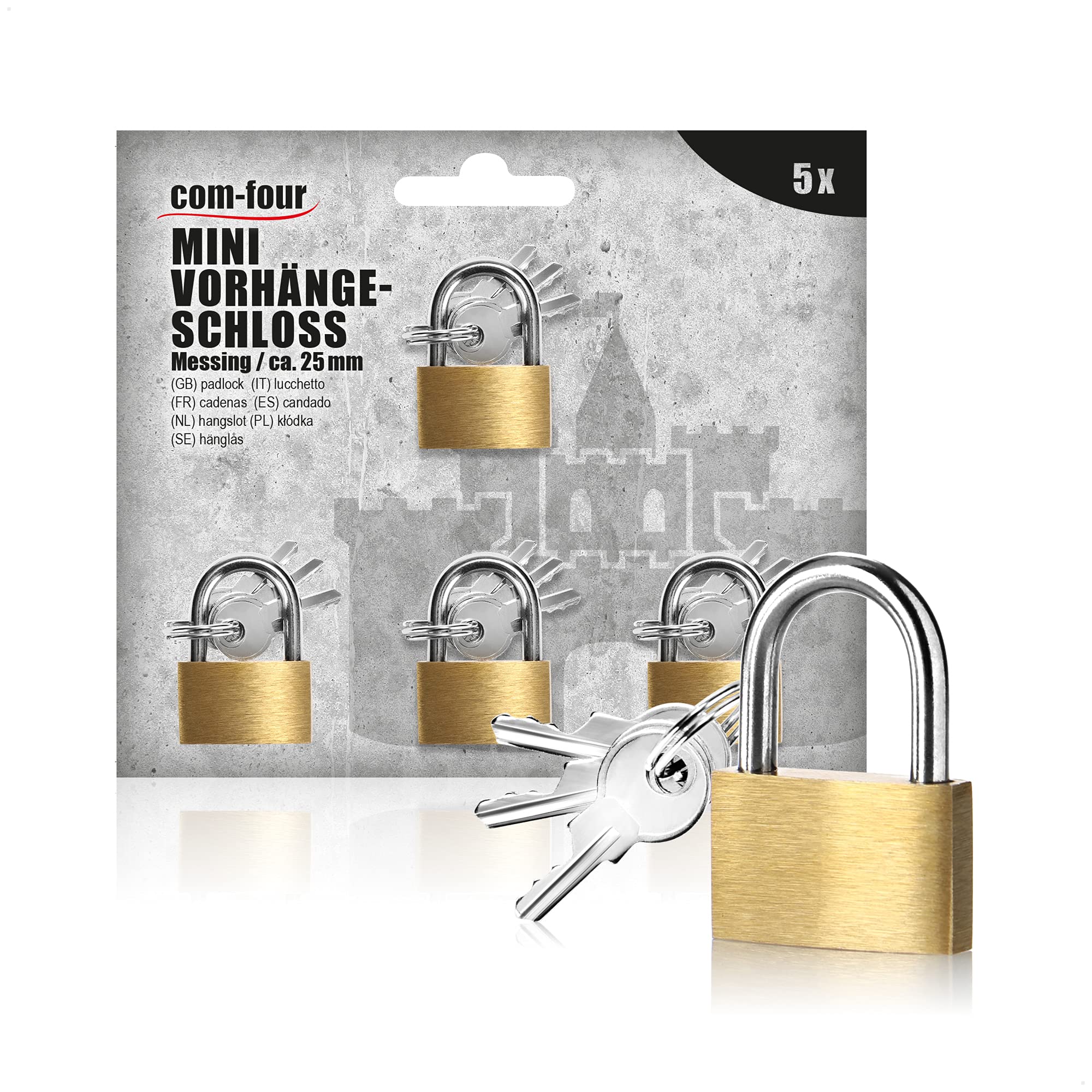 com-four® 5x Mini Luggage Padlock - Luggage Lock Made of Brass - Small Baggage Lock for Suitcases, Travel Bags and Travel Cases