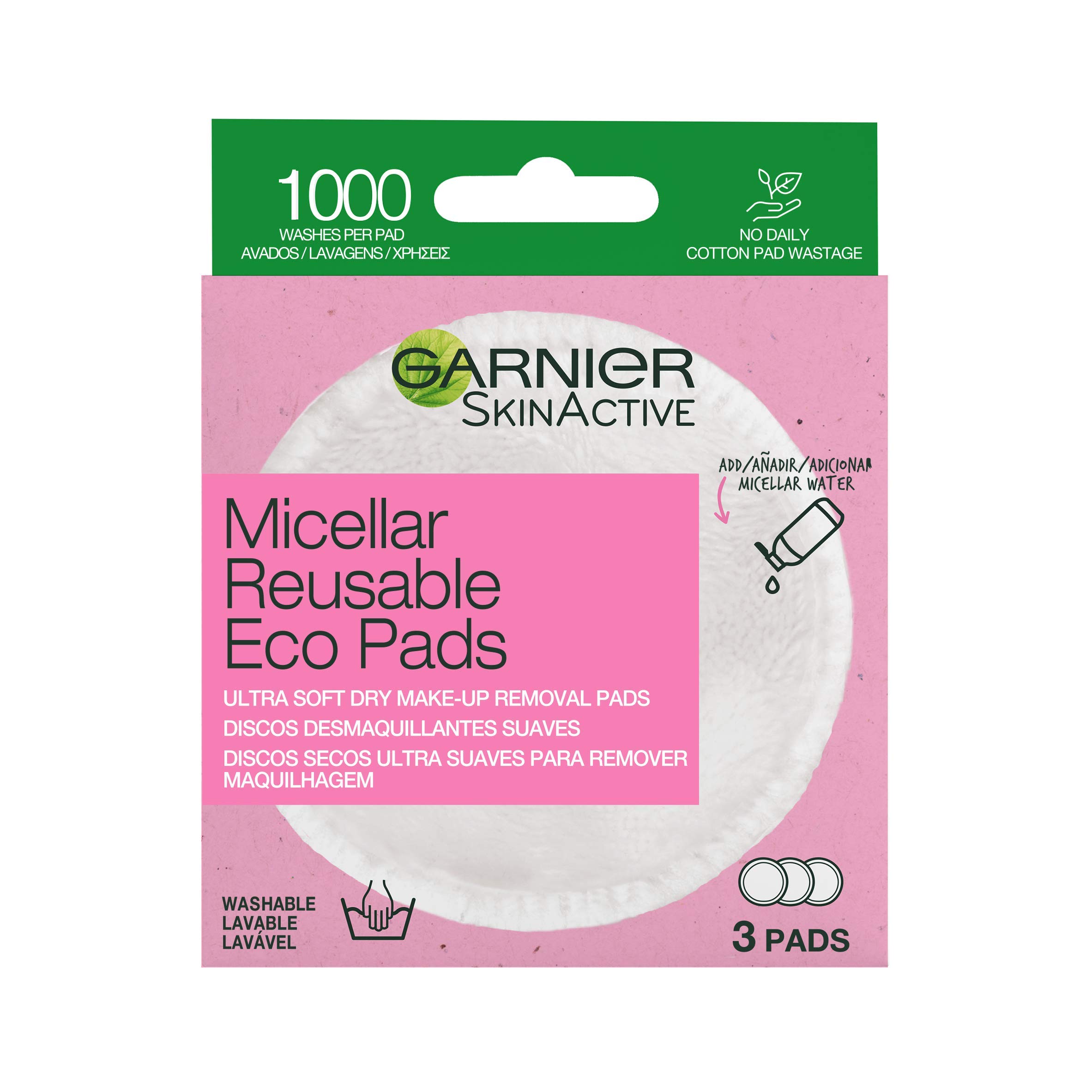 Garnier Micellar Reusable Makeup-Remover Eco Pads, Set Of 3 Ultra Soft Micro Fibre Pads, For All Skin Types, 0 Waste Eco-friendly Remover Pads, Up To 1000 Washes, Use With Garnier Micellar Water