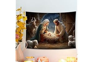 Nativity Scene Tapestry, Warm Colors Christmas Wall Hanging, Religious Decorative Art for Living Room, Bedroom, Holiday Decor