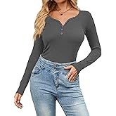 Amoretu Women's Henley Long Sleeve V Neck Shirts Slim Fitted Side Ruched Button Tops