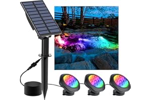 CREPOW Solar Pond Lights, 18 LED Super Bright RGB LED Underwater Spotlights Color Changing Submersible Pond Light IP68 Waterproof Fountain Lights for Fish Aquarium Tank Garden Yard Pool (3-in-1)