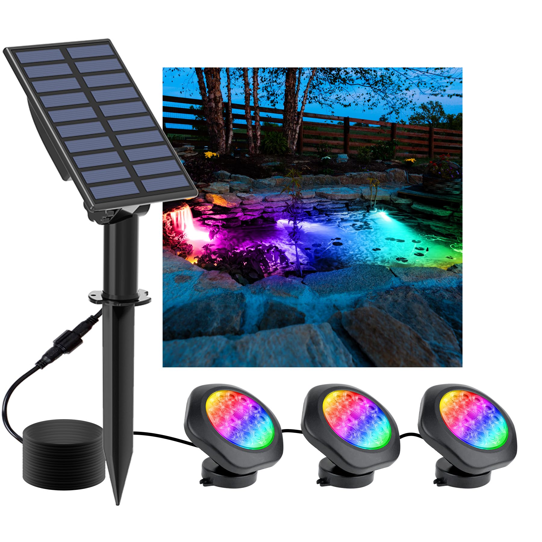 NATPOW Solar Pond Lights, 18 LED Super Bright RGB Landscape Spotlights IP68 Underwater Pond Lights Submersible LED Lights for Fish Aquarium Tank Garden Yard Pool Fountain Pond (3 Head Lamp)