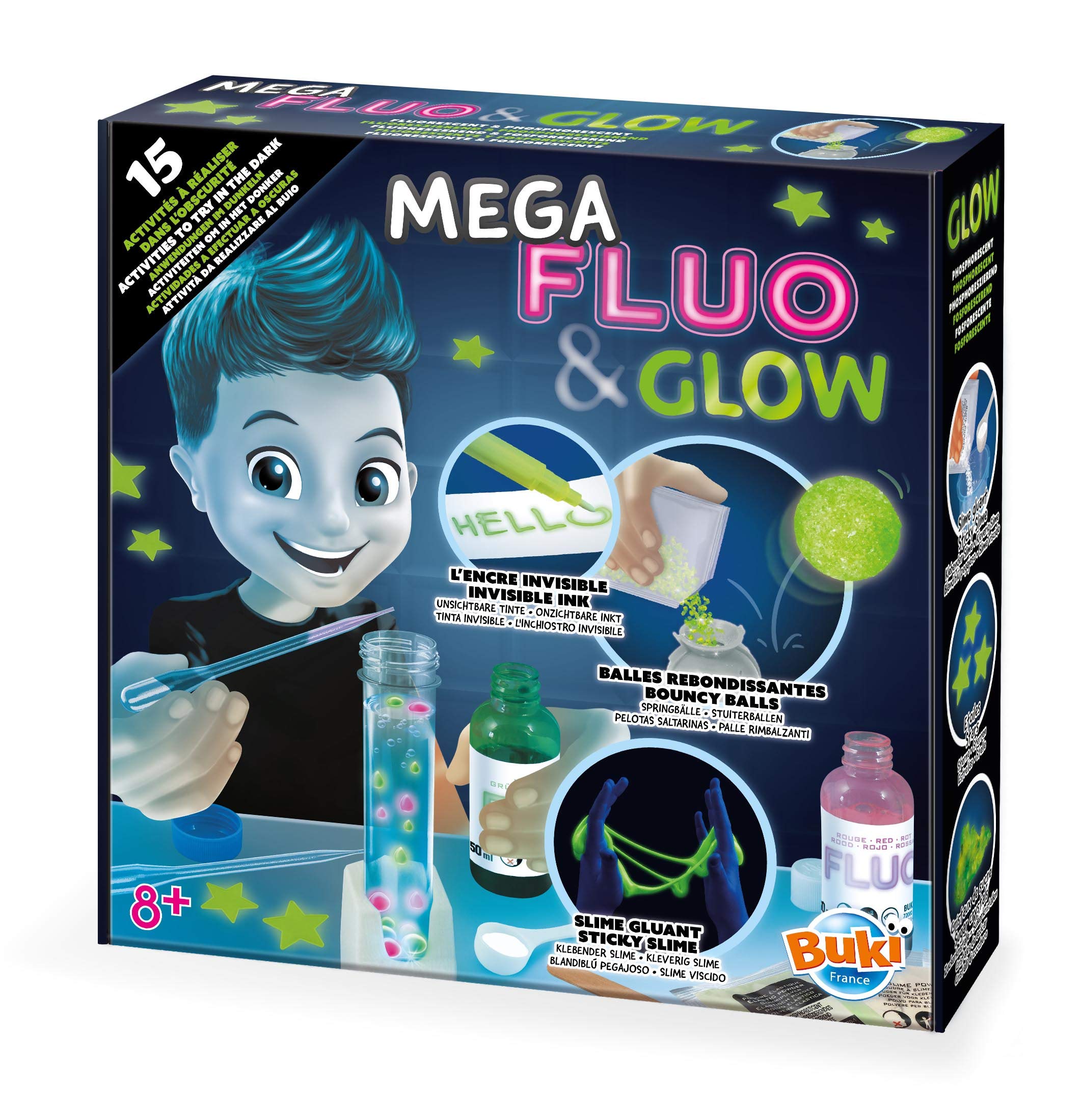 Buki France Mega Fluo & Glow Science. 15 Glow in The Dark Science Experiments. Children's Chemistry Set. Kids Educational STEM Toy for Little Scientists with Instructions. Gifts for Boys & Girls 8+