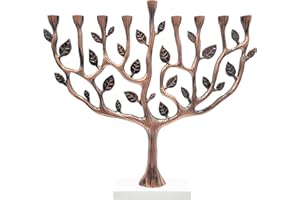 The Dreidel Company Large Copper Hanukkah Menorah Tree of Life with Stone Base 11 Inches Long