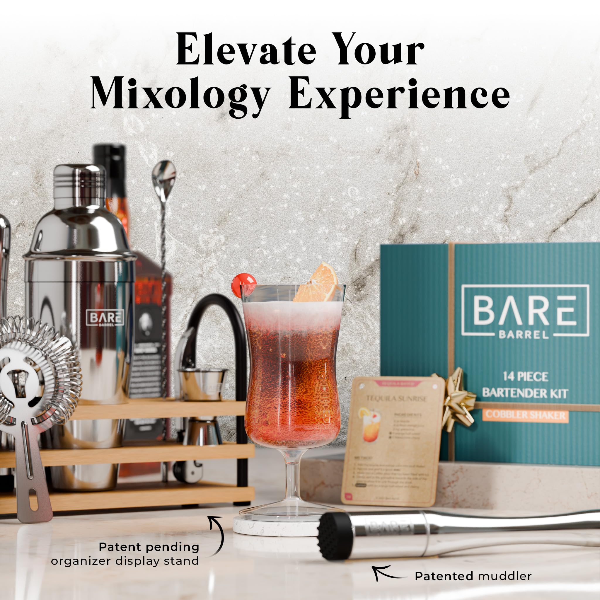 BARE BARREL® Mixology Bartender Kit Bar Set | 14-Piece Cocktail Shaker Set | Martini Barware Mixing Tools for Home Bartending | 35 Recipe Cards | Gift Set (24oz Cobbler Shaker, Silver/Natural)