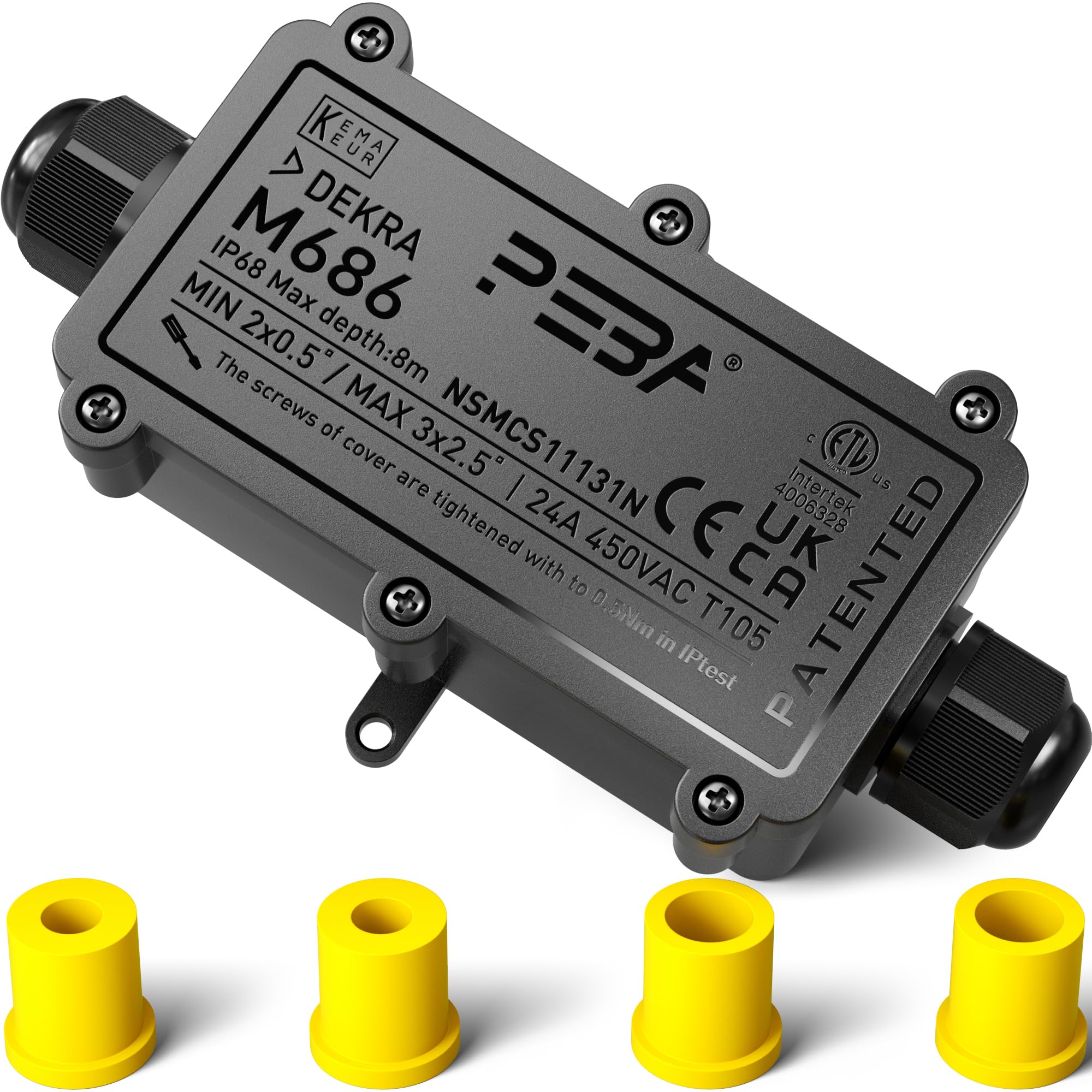 PEBA® IP68 Waterproof Junction Box, Outdoor Wire Connector, 2-Way Extension Cable Protector for Cable Diameter Ø4mm-12mm Black (1 Pack)