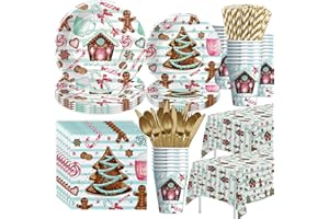 APOWBLS Christmas Paper Plates and Napkins, Christmas Party Supplies Decorations Tableware, Plate, Cup, Napkin, Tablecloth, Cutlery, Straw, Gingerbread Cookie Theme Xmas Christmas Dinnerware, Serve 24