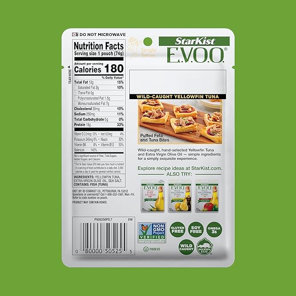 STARKIST E.V.O.O. YELLOWFIN TUNA IN EXTRA VIRGIN OLIVE OIL, SINGLE SERVE POUCH, 2.6 OZ
