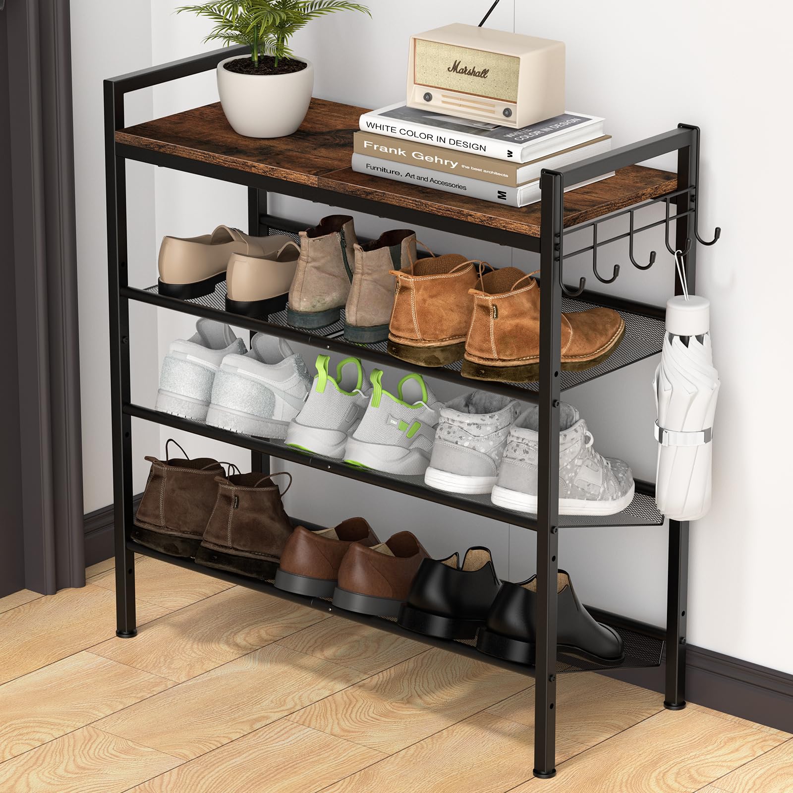 Photo 1 of Refrze Shoe Rack for Front Door Entrance, 4 Tier Height-Adjustable Metal Shoe Rack, Sturdy Wooden Top and Tiltable Steel Frame Heavy Duty Shoe Organizer for Bathroom,Bedroom,Kitchen?Include Hook
