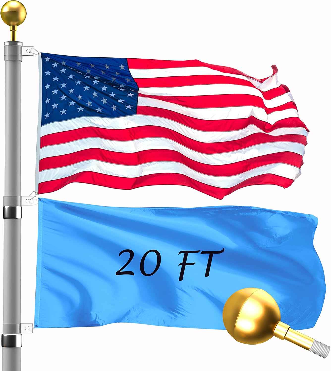 Flagpole Hardware - Wphold 20FT Telescopic Flag Pole Kit, Extra Thick Aluminum Outdoor Flagpole, Silver Heavy Duty Flag Poles for Outside House with 3x5 American Flag, Flags and Poles for Yard, Residential