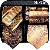 Hi-Tie 3 Pcs Gift Box Mens Tie Set Necktie with Pocket Square Cufflinks Lapel Pin Silk Neck Tie Collection