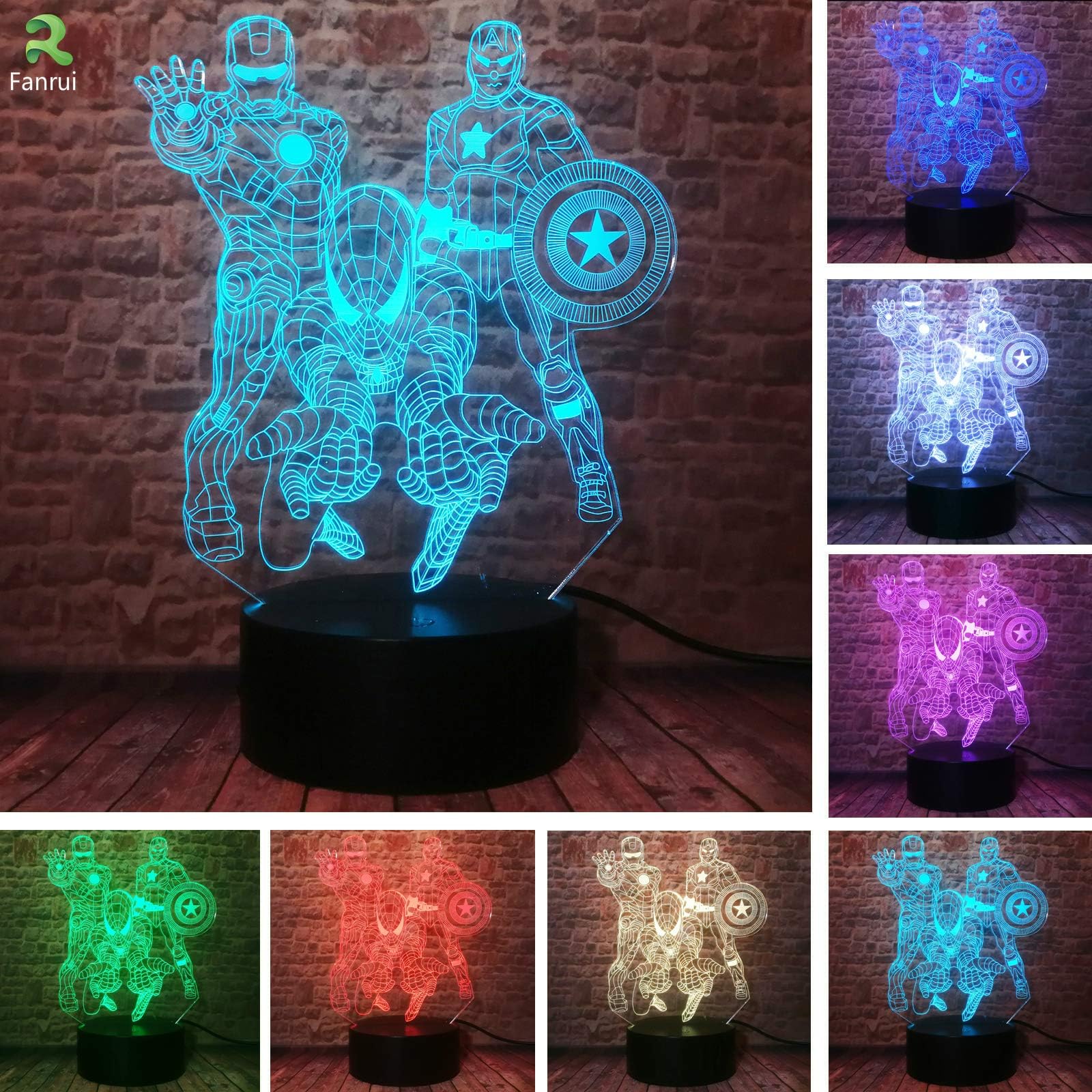 Fanrui 3D 3 Mix Marvel Heroes Spiderman Captain America Ironman Smart 7 Color Change Night Lights for Kids LED Illusion Bedroom Table Lamp Son Little Boys' Room Decor Child Friends Toys Gifts