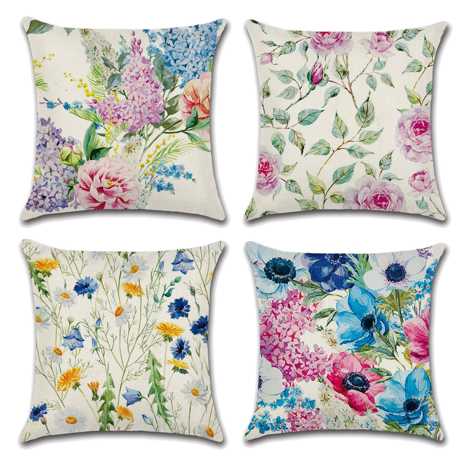 OCEUMACO Linen Cushion Covers 45 x 45 cm for Sofa Set of 4 Square Art Deco Turquoise Blue Flowers Throw Pillow Cases 18x18 Inches Outdoor Floral Cushion Cover Pack Home Decor - Green Pink